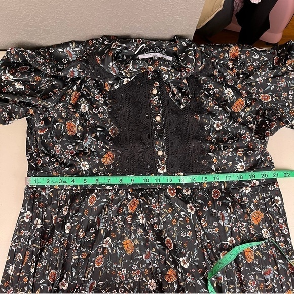 DALIA Macphee Floral Pleated Long Sleeve‎ Midi Dress Black Size 3x New - Picture 13 of 15